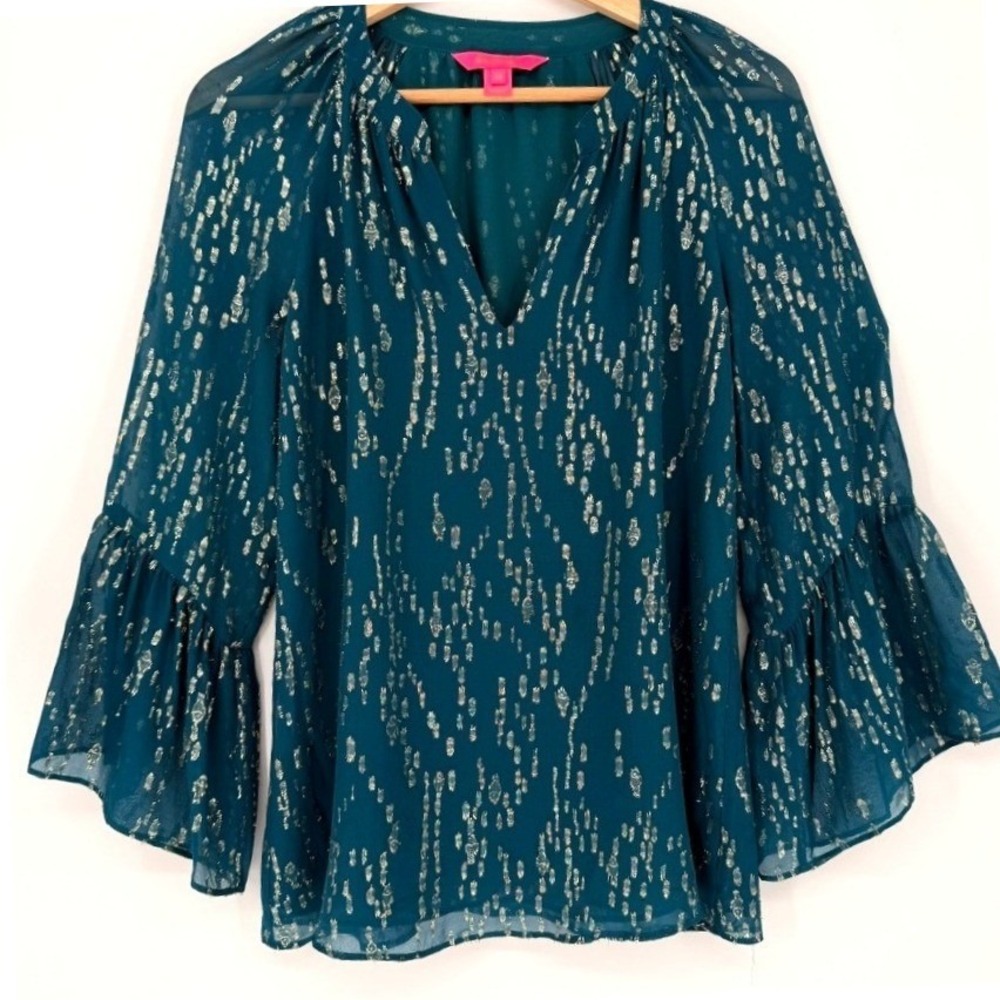 Lilly Pulitzer Women XS Silk Chiffon Teal Gold Ruffle Bell Sleeve Blouse Boho